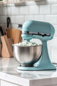 Close-up shot of a stand mixer whipping aquafaba into fluffy, soft peaks. The mixture is glossy, and a hand is sprinkling in cream of tartar