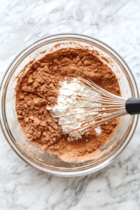 A separate bowl with flour, baking powder, and salt being whisked together, ensuring an even distribution of dry ingredients