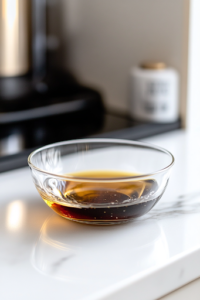 A close-up shot of a small glass bowl on the white marble cooktop, with olive oil, rice vinegar, sesame oil, sugar, salt, and black pepper being whisked together to create a flavorful Asian-inspired dressing with a perfect balance of tangy and savory notes.