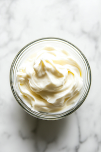 A small glass bowl on the white marble cooktop holds a creamy dressing mixture of mayonnaise, Swerve sweetener, and apple cider vinegar. A whisk actively stirs the dressing to a smooth, velvety consistency.