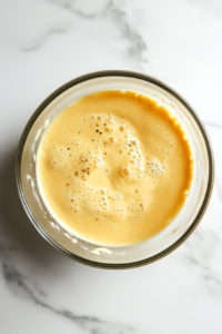 A glass mixing bowl on a white marble cooktop, with beaten eggs, milk, ground mustard, salt, and black pepper being whisked together into a smooth, golden mixture