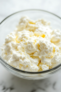 A glass mixing bowl on a white marble cooktop, with a whisk blending together large whole eggs and creamy cottage cheese until smooth, creating the base for the flatbread batter.