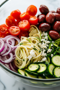 A close-up shot of a small bowl with a whisk stirring together red wine vinegar, olive oil, salt, pepper, oregano, and crushed garlic, set on the white marble cooktop, creating a flavorful dressing ready to drizzle over the salad.