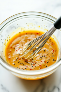A close-up shot of a small glass mixing bowl on the white marble cooktop, with mayonnaise, sugar, sriracha, and rice vinegar being whisked together into a smooth and creamy kani salad dressing, balancing sweet, spicy, and tangy flavors.