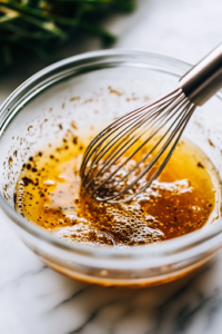 A close-up shot of a small whisk actively stirring the ingredients in the glass mixing bowl on the white marble cooktop, blending the olive oil, vinegar, seasonings, and mustard into a smooth and well-emulsified vinaigrette.