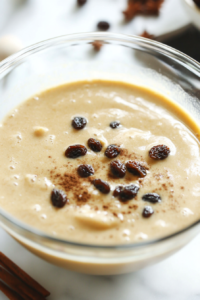 A clear glass mixing bowl on the white marble cooktop, as eggs, milk, vanilla extract, and allspice are whisked together into a smooth, golden custard. Raisins are added, ready to be stirred in.