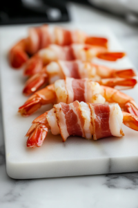 Close-up shot of a cutting board on the white marble cooktop, where thin bacon strips are being cut in half. A shrimp is being carefully wrapped with a piece of bacon, starting just above the tail.