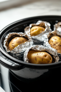 A close-up shot of four baking potatoes, each tightly wrapped in aluminum foil, neatly arranged inside a black slow cooker on the white marble cooktop. They are now ready to slowly cook to tender perfection.
