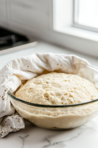 A glass mixing bowl sits on a white marble cooktop, filled with warm water, cane sugar, and active dry yeast. Tiny bubbles appear on the surface as the yeast activates, creating a foamy texture.