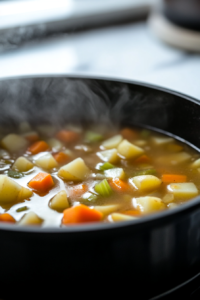A black saucepan on a white marble cooktop with minced garlic being stirred into softened onion and celery. Diced potatoes and carrots are added, and vegetable broth is poured in as the soup starts to bubble and simmer.