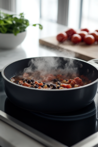 A black skillet on a white marble cooktop as creamy coconut milk, vegetable broth, and sour cream (if using) are poured into the sautéed vegetables. A wooden spoon stirs the rich, golden mixture.