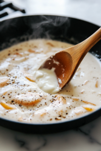 A black skillet on a white marble cooktop as creamy coconut milk, vegetable broth, and sour cream (if using) are poured into the sautéed vegetables. A wooden spoon stirs the rich, golden mixture.