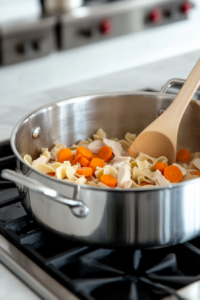 A stainless steel pot on a white marble cooktop, now with chopped cooked chicken, egg noodles, and sliced carrots added. A wooden spoon stirs the ingredients together as the broth begins to bubble.