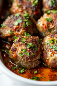 A baking dish on a white marble cooktop filled with freshly baked keto stuffed cabbage rolls. The rolls are slightly crisp on top, glistening with sauce, and garnished with fresh parsley.
