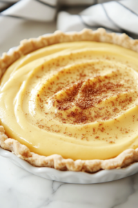 Close-up shot of a prepared vegan pie crust on the white marble cooktop, with the smooth, creamy coconut custard filling being poured in. A sprinkle of organic brown sugar is evenly dusted over the top of the pie