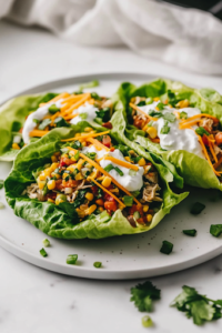A close-up of beautifully assembled Keto Chicken Taco Lettuce Wraps on a white plate over the white marble cooktop. The tacos are topped with shredded cheddar cheese, avocado corn salsa, plain Greek yogurt, and a sprinkle of chopped scallions, ready to be served and enjoyed.