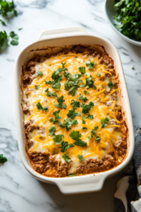 A casserole dish filled with the seasoned beef mixture, now being topped with the egg mixture. A hand is evenly sprinkling shredded Mexican cheese over the surface, ensuring a gooey, golden finish after baking.