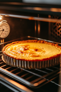 Close-up shot of a cheesecake baking in the oven, with the center slightly wobbling, indicating it is ready to come out after baking for 1 hour and 25 minutes to 1 hour 45 minutes