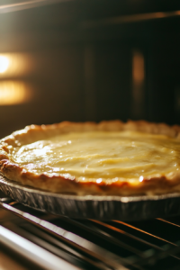 Close-up shot of the pie in a preheated oven, with the edges of the custard set and the center slightly wobbling, visible through the oven's window. The pie sits on the oven rack, surrounded by heat