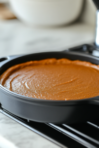 Close-up shot of the black baking pan on the white marble cooktop, just placed inside the oven. The pumpkin pie mixture is baking, its surface beginning to set with a rich golden-orange hue.