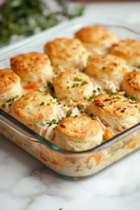 A glass baking dish on a white marble cooktop, now topped with evenly arranged biscuit quarters. The casserole is freshly out of the oven, with golden brown biscuits on top, slightly crisp and flaky.