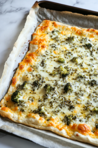 A close-up of the finished Keto Broccoli White Pizza on a parchment-lined baking sheet. The melted cheese is bubbly, the edges are crisp, and the broccoli is slightly roasted, ready to be sliced and enjoyed.
