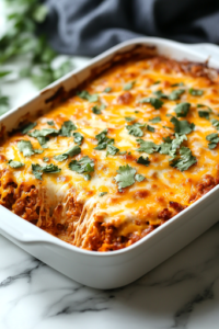 A perfectly baked taco casserole with a golden, bubbly cheese layer on top. Freshly shredded cheese is melting into the hot dish, creating an irresistible, gooey topping that enhances the dish’s rich texture and flavor.