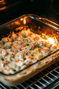 A glass baking dish inside an oven, where the creamy chicken and vegetable mixture bakes at 400°F. The warm glow from the oven light highlights the bubbling edges of the dish.