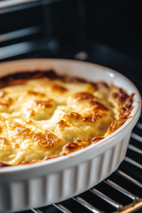 The baking dish sits uncovered in the oven for the final 10 minutes of baking. The cheese on top bubbles and turns golden brown, forming a crispy, flavorful crust.