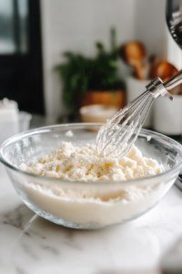 Close-up shot of a mixing bowl with cream cheese, mascarpone, and sugar being beaten with a hand mixer, creating a smooth mixture. A separate bowl holds whipped heavy cream, ready to be folded in