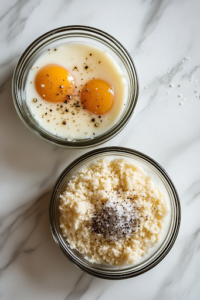 A close-up shot of two glass bowls placed on a white marble countertop. One bowl contains beaten eggs with a fork resting inside, while the other holds an evenly combined mixture of almond flour, grated parmesan, smoked sea salt, and pepper, ready for dredging the chicken.