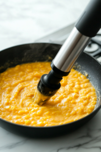 An immersion blender in a black skillet on a white marble cooktop, blending half of the sweet corn and potato chowder into a creamy consistency, while the other half remains chunky for texture.