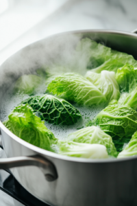 A large pot on a white marble cooktop with boiling water, where vibrant green cabbage leaves are submerged for blanching. Steam rises from the pot as the leaves soften.