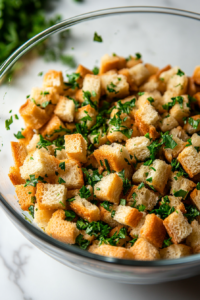 A large glass mixing bowl on a white marble cooktop filled with dry white and brown bread cubes, freshly chopped parsley, and herbs.