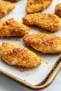 Neatly arranged breaded chicken tenders sit on the parchment-lined baking sheet atop the white marble cooktop, ready to be baked. The golden cracker coating glistens slightly under the kitchen light.