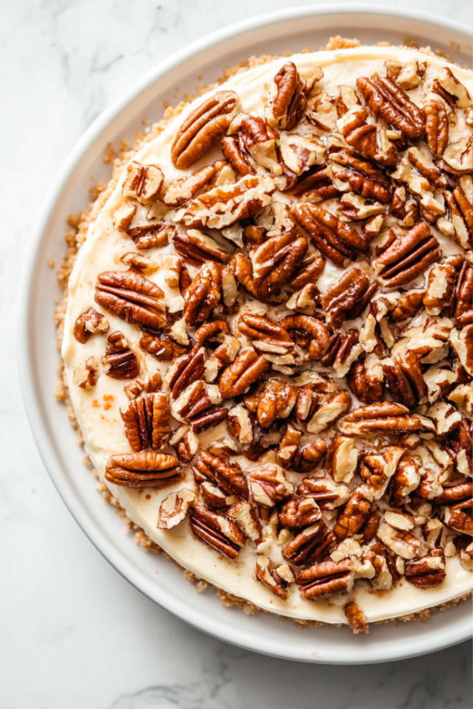 The finished carrot cake cheesecake, topped with caramelized pecans and ready to be served."