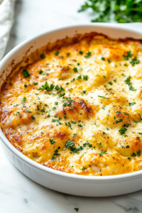 A freshly baked dish of cheesy garlic Parmesan chicken and potatoes rests on the white marble cooktop. The golden, bubbly cheese is garnished with bright green parsley, adding a fresh contrast, ready to be served.