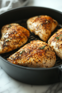 A close-up shot of an air fryer basket placed over a white marble cooktop, lightly sprayed with avocado oil. The coated chicken breasts are arranged neatly in a single layer, ensuring even cooking and crisping in the air fryer.