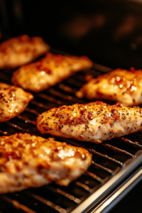 The oven door is slightly open, revealing chicken tenders baking on the middle rack. The crispy coating is turning golden brown under the heat, indicating they are almost ready to be served.