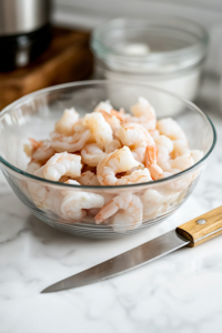 A glass mixing bowl filled with freshly chopped raw shrimp sits on a white marble cooktop. A sharp chef’s knife rests beside the bowl, with neatly arranged shrimp pieces, ready for marination.