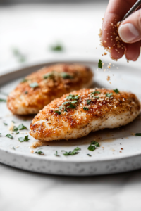 A close-up shot of the same chicken breast being coated in the almond flour-parmesan mixture over the white marble countertop. A hand sprinkles extra coating on top to ensure an even, crisp crust before cooking.