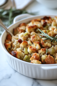 Cooked stuffing in a black slow cooker on a white marble cooktop, golden and fluffy, with a serving spoon ready to scoop