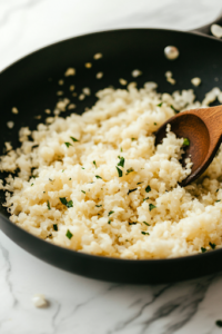 The same black skillet on a white marble cooktop, now with cauliflower rice being stirred into the sautéed onions and garlic. The mixture softens as it absorbs the flavors.