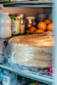 Close-up shot of the baked cheesecake resting inside the refrigerator with the door slightly open, gradually cooling to prevent cracks