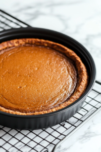 Close-up shot of the black baking pan on the white marble cooktop, with the freshly baked pumpkin pie cooling on a wire rack. The surface looks firm, ready to be transferred to the refrigerator for overnight chilling.