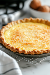 Close-up shot of the freshly baked coconut custard pie cooling on a wire rack placed on the white marble cooktop. The pie is cooling completely with a slight sheen on its surface.