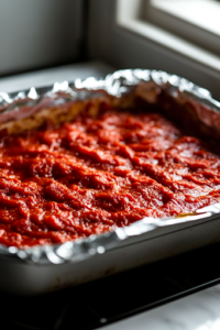 The same white ceramic baking dish on a white marble cooktop, now covered with a generous layer of marinara sauce, just before being wrapped in foil and placed in the oven.