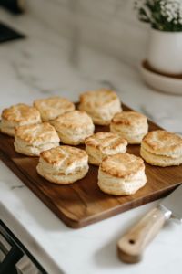 A wooden cutting board on a white marble cooktop, with a freshly opened can of refrigerated buttermilk biscuits. A sharp knife cuts each biscuit into quarters, neatly arranged in rows.