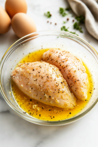 A close-up shot of a boneless chicken breast being dipped into the bowl of beaten eggs on the white marble countertop. The chicken is fully coated in the rich, golden egg mixture, preparing it for the next step in the coating process.