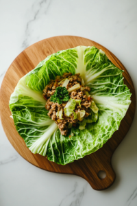 A single cabbage leaf on a wooden cutting board over a white marble countertop, with a portion of the seasoned meat mixture placed in the center, ready to be rolled.